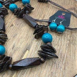 Paparazzi Cozumel Coast Brown Blue Wooden Beaded Corded Necklace Earrings
